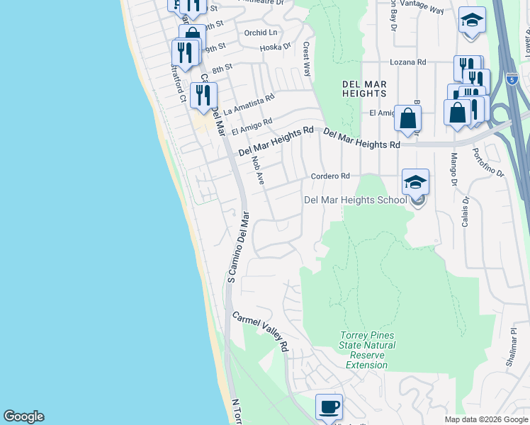 map of restaurants, bars, coffee shops, grocery stores, and more near 116 Nob Avenue in Del Mar