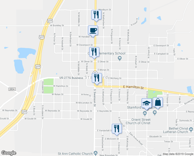 map of restaurants, bars, coffee shops, grocery stores, and more near 127 E McHarg Ave in Stamford