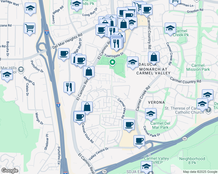 map of restaurants, bars, coffee shops, grocery stores, and more near 12595 Ruette Campana in San Diego