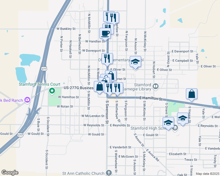 map of restaurants, bars, coffee shops, grocery stores, and more near 127 East McHarg Street in Stamford