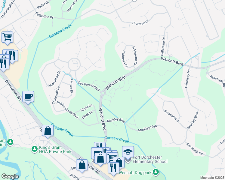 map of restaurants, bars, coffee shops, grocery stores, and more near 5101 Wescott Boulevard in Summerville