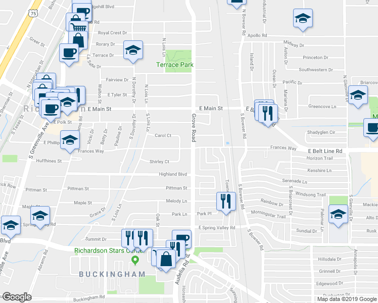 map of restaurants, bars, coffee shops, grocery stores, and more near 302 South Grove Road in Richardson