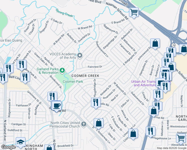 map of restaurants, bars, coffee shops, grocery stores, and more near 305 Kingsbridge Drive in Garland