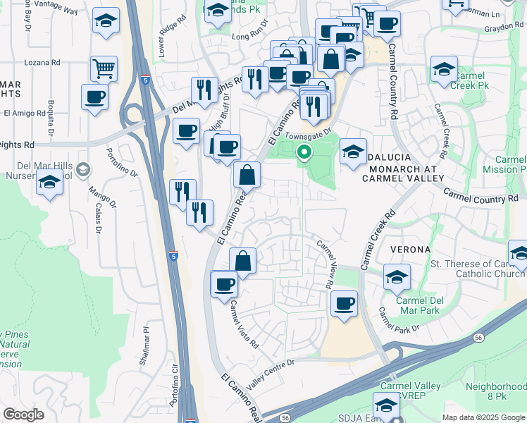 map of restaurants, bars, coffee shops, grocery stores, and more near 3574 Caminito El Rincon in San Diego