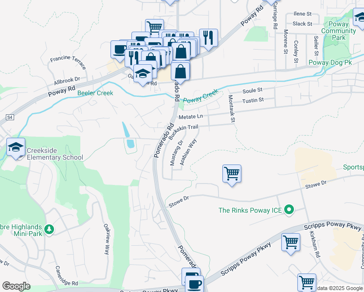 map of restaurants, bars, coffee shops, grocery stores, and more near 12611 Mustang Drive in Poway