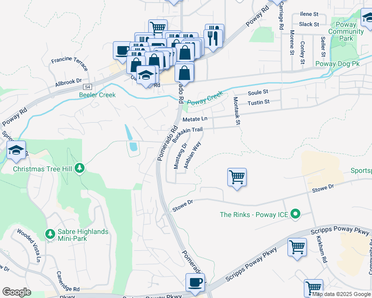 map of restaurants, bars, coffee shops, grocery stores, and more near 12611 Mustang Drive in Poway