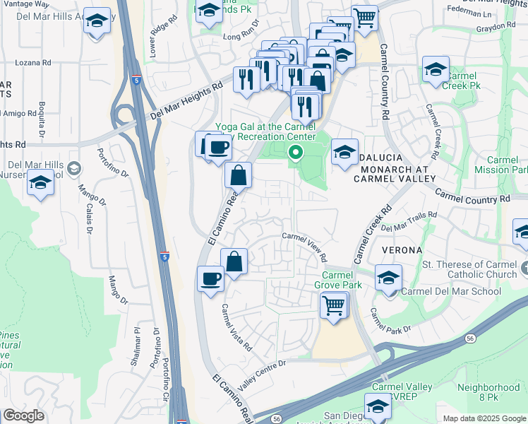 map of restaurants, bars, coffee shops, grocery stores, and more near 3568 Caminito El Rincon in San Diego
