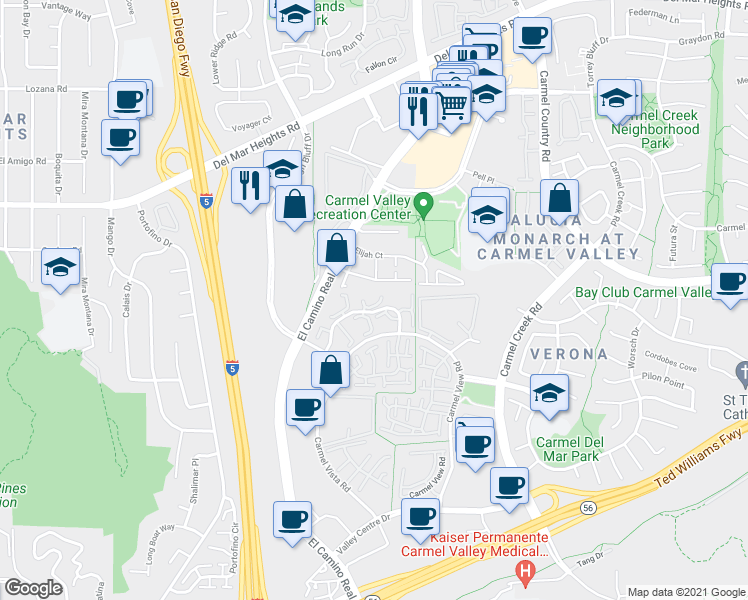 map of restaurants, bars, coffee shops, grocery stores, and more near 12543 El Camino Real in San Diego