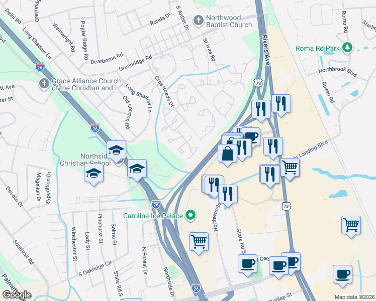 map of restaurants, bars, coffee shops, grocery stores, and more near 8011 Shadow Oak Drive in North Charleston