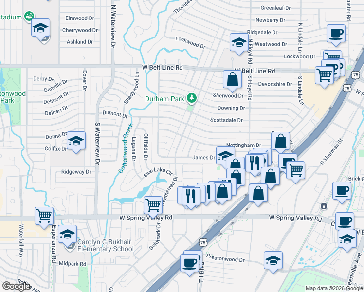 map of restaurants, bars, coffee shops, grocery stores, and more near 700 South Weatherred Drive in Richardson