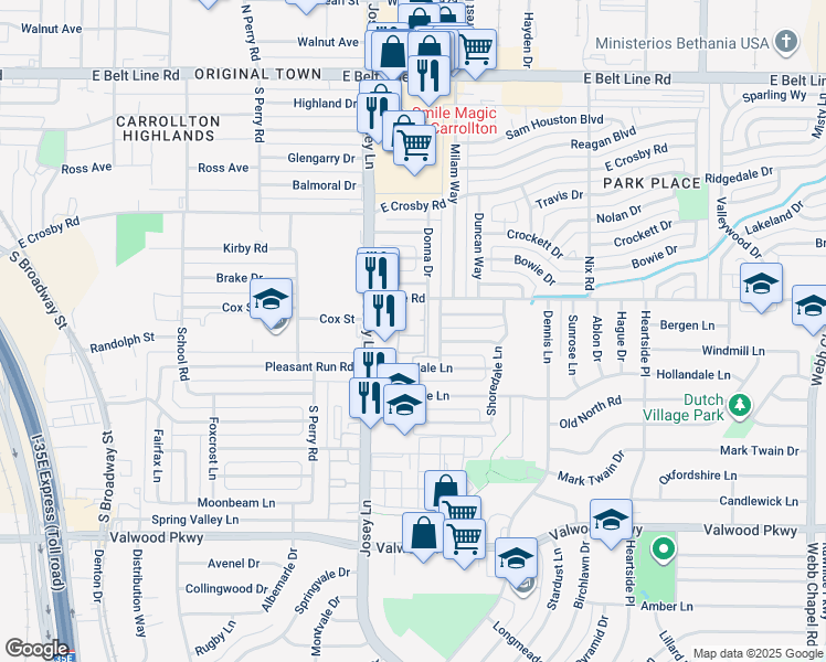 map of restaurants, bars, coffee shops, grocery stores, and more near 14535 Forestdale Lane in Farmers Branch