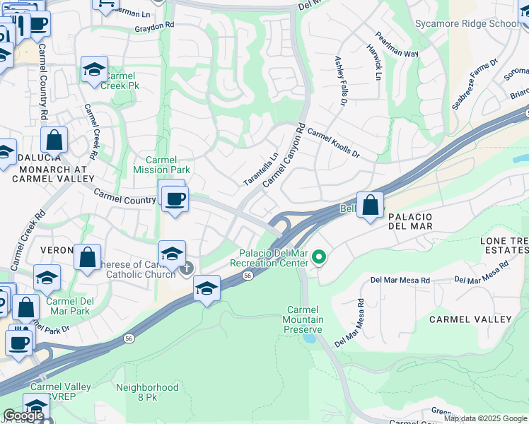 map of restaurants, bars, coffee shops, grocery stores, and more near 12593 Carmel Canyon Road in San Diego