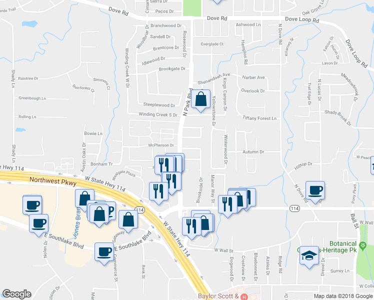 map of restaurants, bars, coffee shops, grocery stores, and more near 702 North Park Boulevard in Grapevine