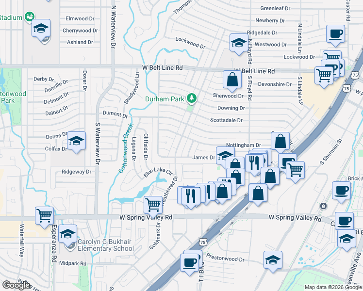map of restaurants, bars, coffee shops, grocery stores, and more near 700 South Weatherred Drive in Richardson