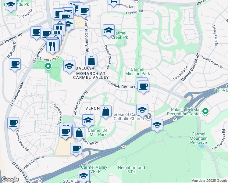 map of restaurants, bars, coffee shops, grocery stores, and more near 12520 Portada Place in San Diego