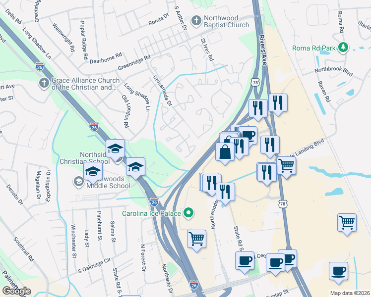 map of restaurants, bars, coffee shops, grocery stores, and more near 8011 Shadow Oak Drive in North Charleston