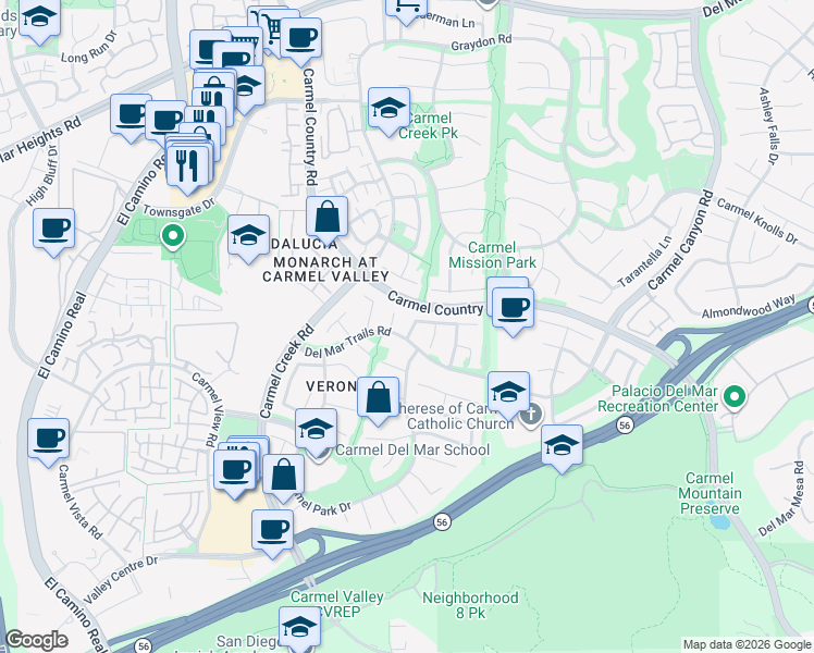 map of restaurants, bars, coffee shops, grocery stores, and more near 12520 Portada Place in San Diego
