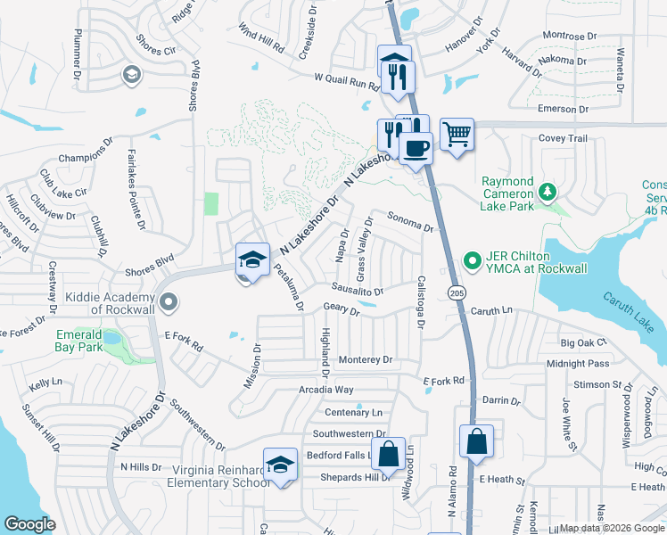 map of restaurants, bars, coffee shops, grocery stores, and more near 495 Mariposa Court in Rockwall