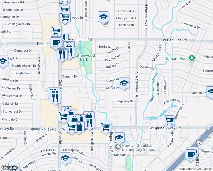 map of restaurants, bars, coffee shops, grocery stores, and more near 1244 Donna Drive in Richardson