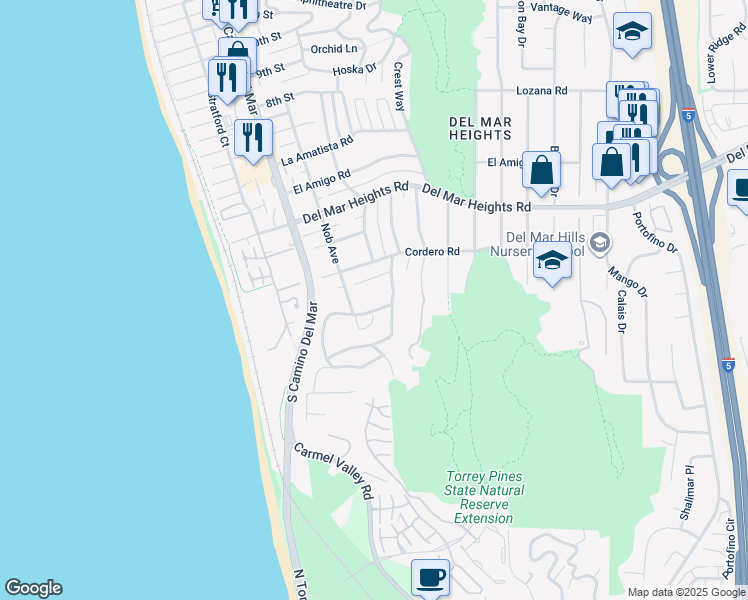 map of restaurants, bars, coffee shops, grocery stores, and more near 144 Ocean View Avenue in Del Mar