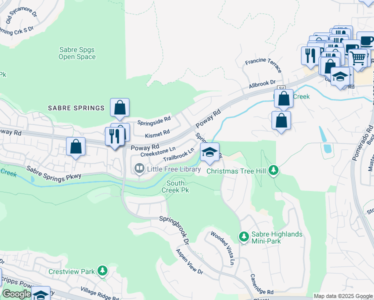 map of restaurants, bars, coffee shops, grocery stores, and more near 11590 Trailbrook Lane in San Diego
