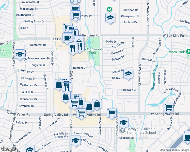 map of restaurants, bars, coffee shops, grocery stores, and more near 1310 Lamp Post Lane in Richardson