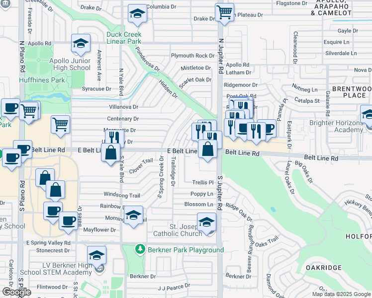 map of restaurants, bars, coffee shops, grocery stores, and more near 2111 East Belt Line Road in Richardson