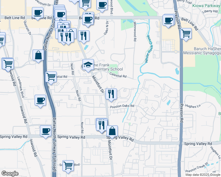 map of restaurants, bars, coffee shops, grocery stores, and more near 14400 Montfort Drive in Dallas