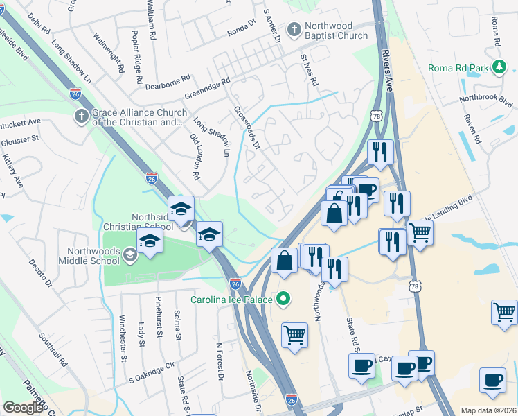 map of restaurants, bars, coffee shops, grocery stores, and more near 7983 Shadow Oak Drive in North Charleston