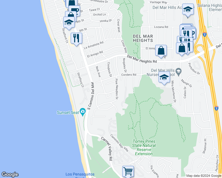map of restaurants, bars, coffee shops, grocery stores, and more near 144 Ocean View Avenue in Del Mar