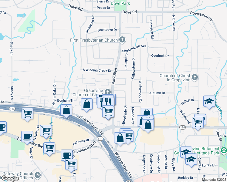 map of restaurants, bars, coffee shops, grocery stores, and more near 768 North Park Boulevard in Grapevine