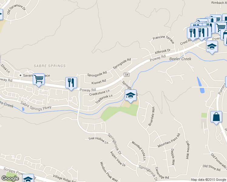 map of restaurants, bars, coffee shops, grocery stores, and more near 11574 Creekstone Lane in San Diego