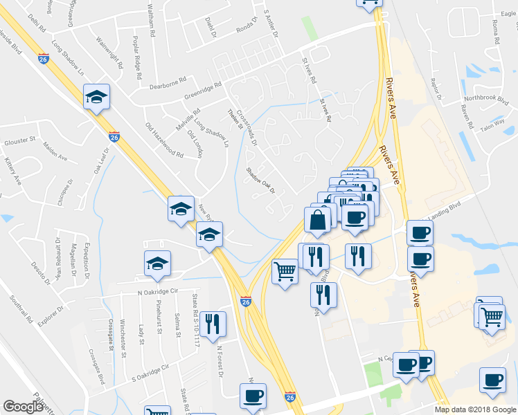map of restaurants, bars, coffee shops, grocery stores, and more near 8059 Shadow Oak Drive in North Charleston