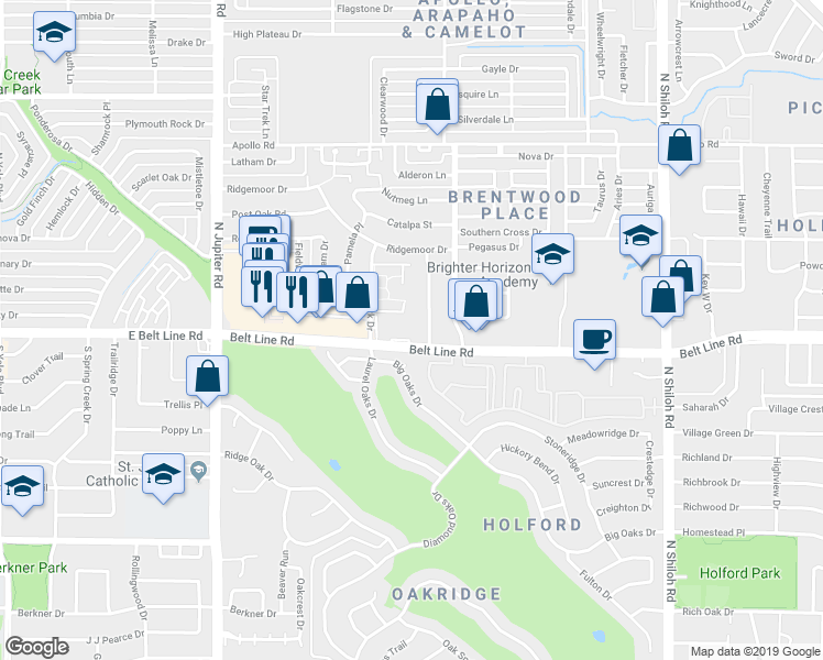 map of restaurants, bars, coffee shops, grocery stores, and more near 3109 Flameleaf Street in Garland