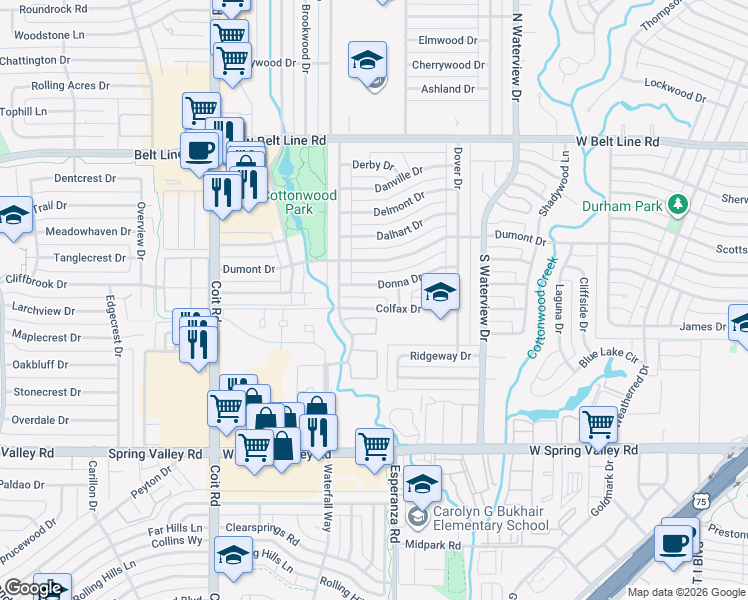 map of restaurants, bars, coffee shops, grocery stores, and more near 1244 Donna Drive in Richardson