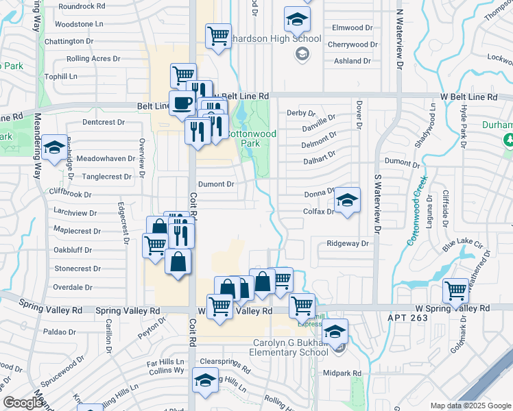 map of restaurants, bars, coffee shops, grocery stores, and more near 1310 Lamp Post Lane in Richardson