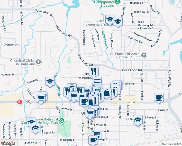 map of restaurants, bars, coffee shops, grocery stores, and more near 1290 Wildwood Court in Grapevine