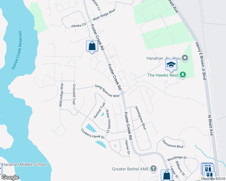 map of restaurants, bars, coffee shops, grocery stores, and more near 7404 Painted Bunting Way in Hanahan
