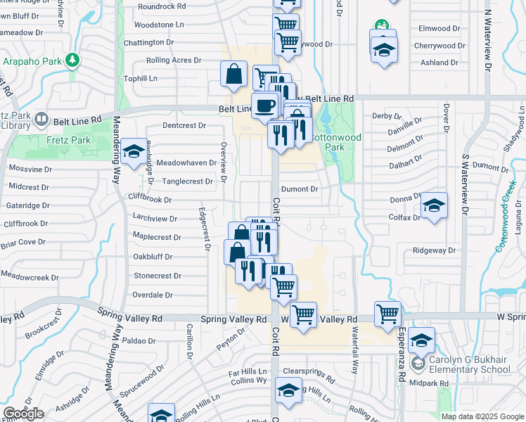 map of restaurants, bars, coffee shops, grocery stores, and more near 7963 Cliffbrook Drive in Dallas