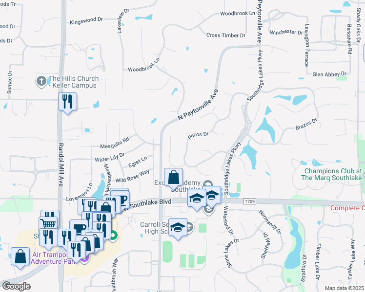 map of restaurants, bars, coffee shops, grocery stores, and more near 1409 Pecos Drive in Southlake