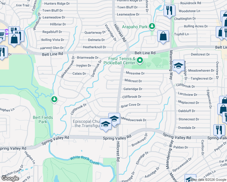 map of restaurants, bars, coffee shops, grocery stores, and more near 6830 Gateridge Drive in Dallas