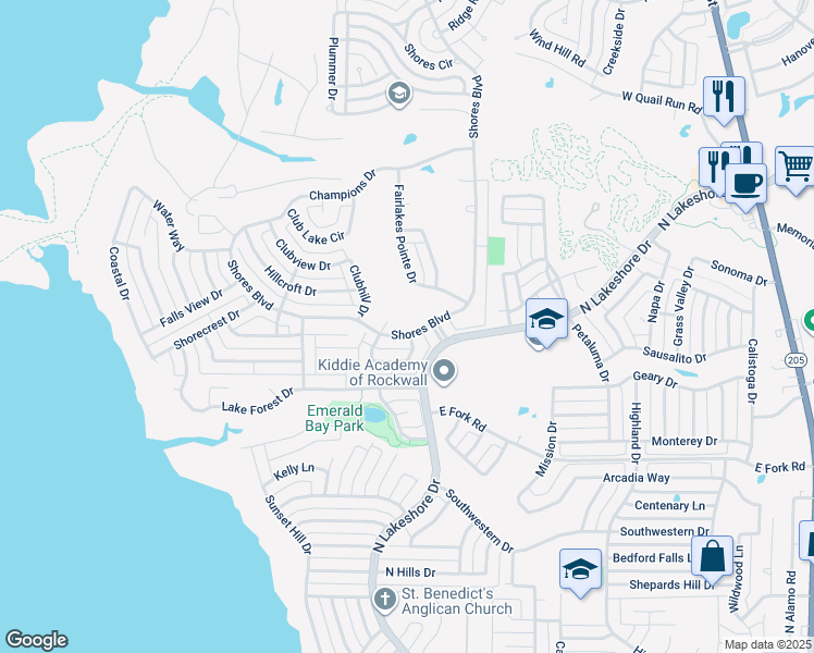 map of restaurants, bars, coffee shops, grocery stores, and more near 1130 Shores Boulevard in Rockwall