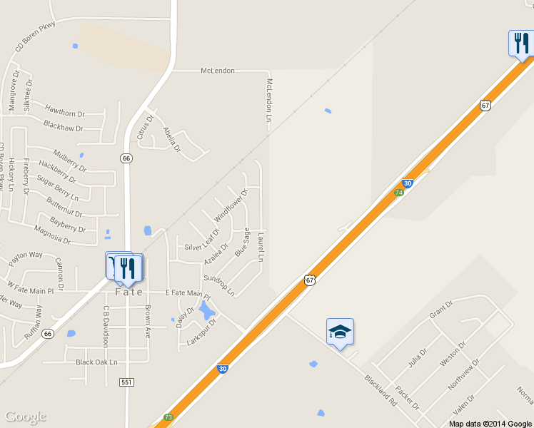 map of restaurants, bars, coffee shops, grocery stores, and more near 308 Laurel Lane in Rockwall