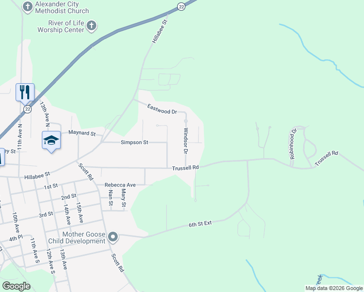 map of restaurants, bars, coffee shops, grocery stores, and more near 241 Windsor Drive in Alexander City