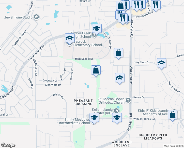 map of restaurants, bars, coffee shops, grocery stores, and more near 453 Ridgeview Circle in Fort Worth