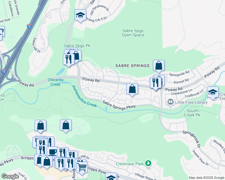 map of restaurants, bars, coffee shops, grocery stores, and more near 12426 Creekview Drive in San Diego