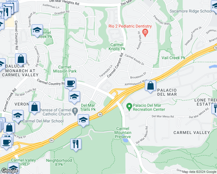 map of restaurants, bars, coffee shops, grocery stores, and more near 12575 Carmel Canyon Road in San Diego
