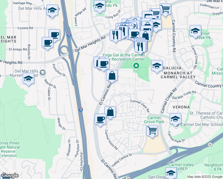 map of restaurants, bars, coffee shops, grocery stores, and more near 12768 El Camino Real in San Diego