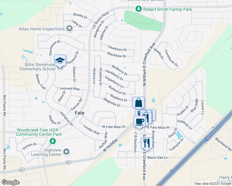 map of restaurants, bars, coffee shops, grocery stores, and more near 408 Butternut Drive in Rockwall