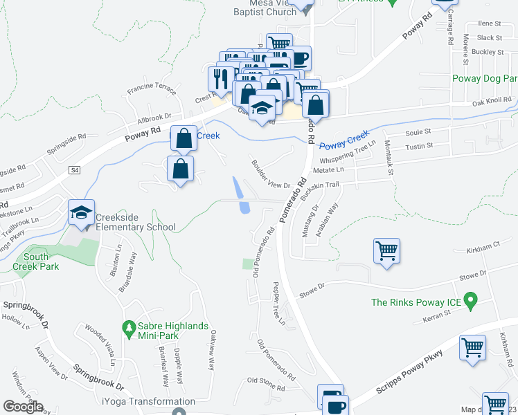 map of restaurants, bars, coffee shops, grocery stores, and more near 12568 Golden Eye Lane in Poway